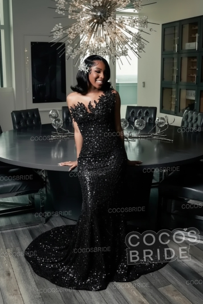 One Shoulder Sleeveless Mermaid Prom Dress with Beaded