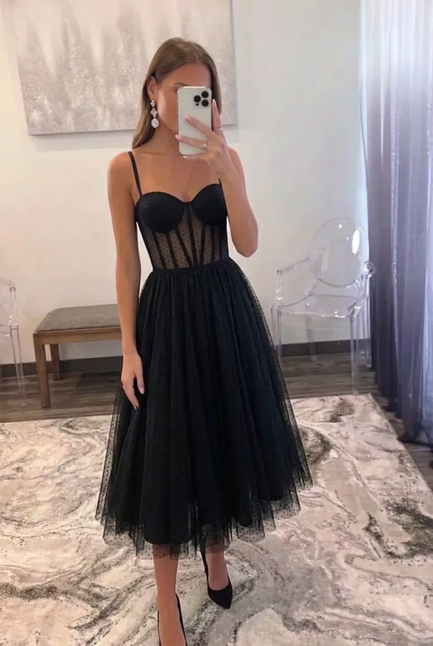 Black Polka Dot Tulle A-Line Tea-Length Homecoming Dress