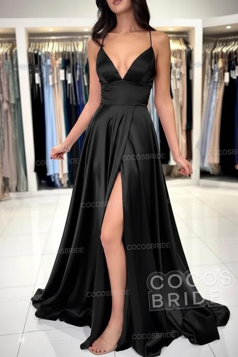 Simple Long A-line V-neck Satin Backless Formal Prom Dresses with Slit