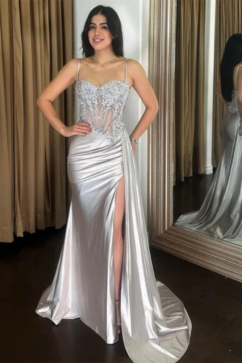 Cocosbride Black Spaghetti Straps Sleeveless Mermaid Evening Dress with Split