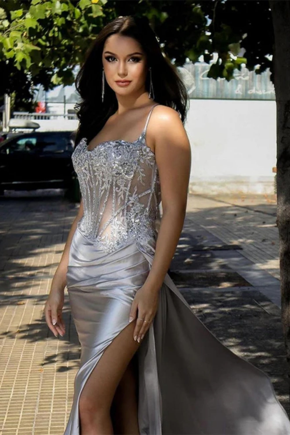 Cocosbride Black Spaghetti Straps Sleeveless Mermaid Evening Dress with Split