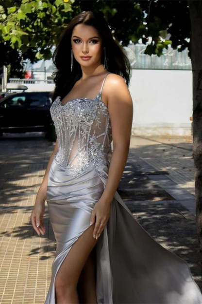 Cocosbride Black Spaghetti Straps Sleeveless Mermaid Evening Dress with Split