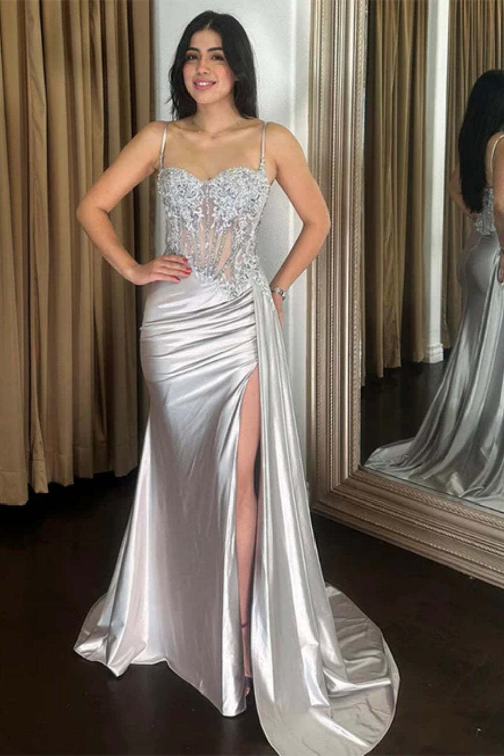 Cocosbride Black Spaghetti Straps Sleeveless Mermaid Evening Dress with Split