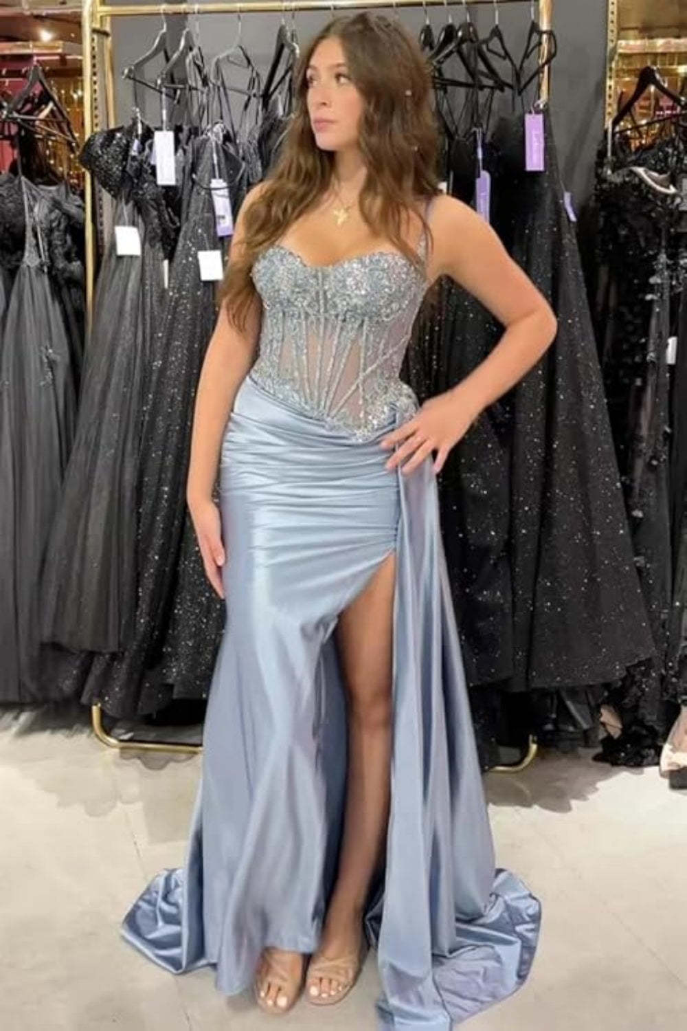 Cocosbride Black Spaghetti Straps Sleeveless Mermaid Evening Dress with Split