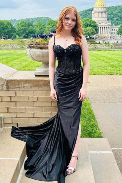 Cocosbride Black Spaghetti Straps Sleeveless Mermaid Evening Dress with Split