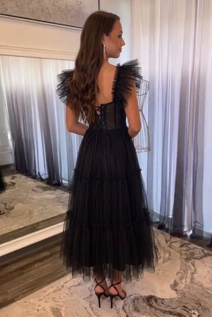 Black Tulle A-Line Strapless Tea-Length Homecoming Dress with Ruffles