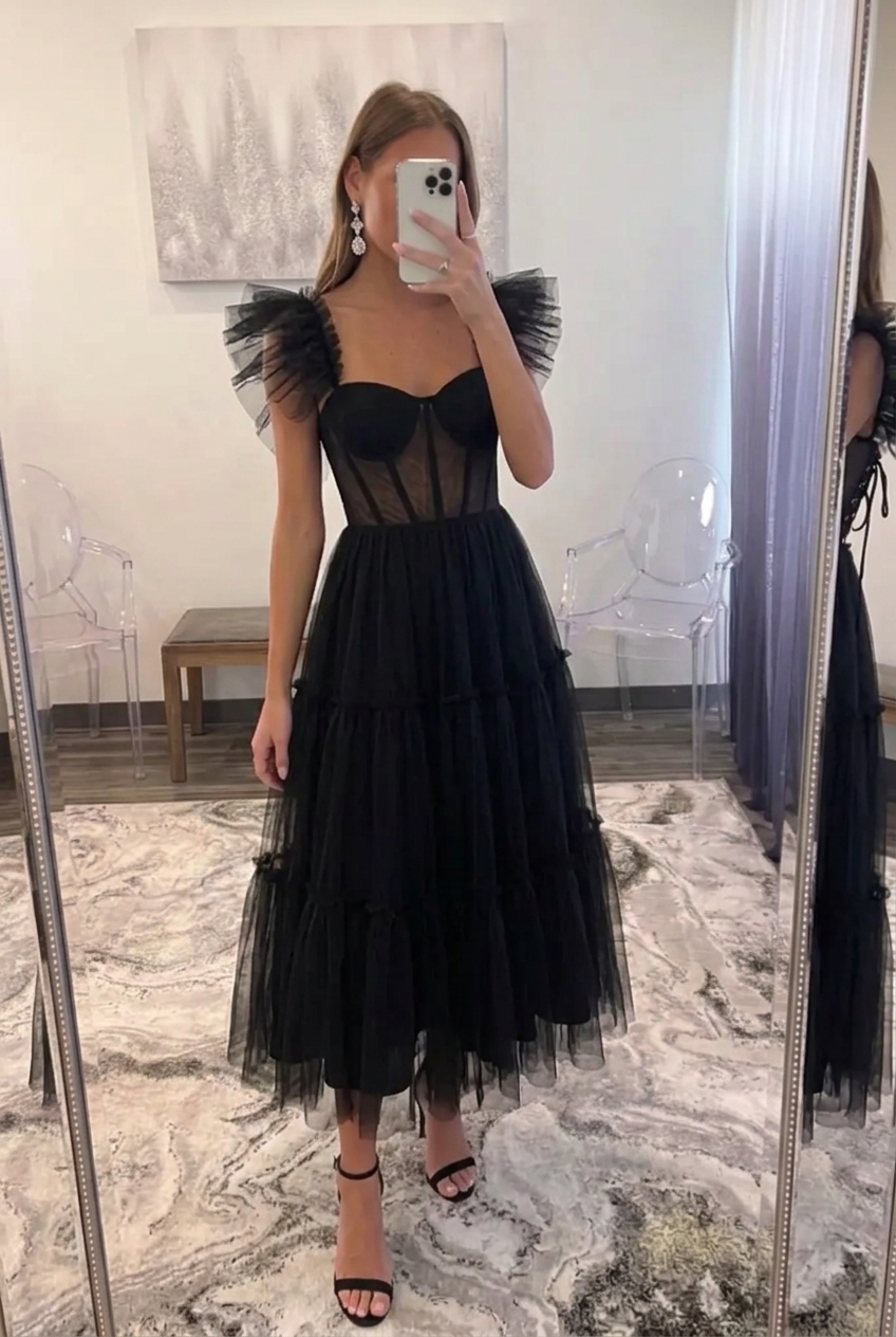 Black Tulle A-Line Strapless Tea-Length Homecoming Dress with Ruffles