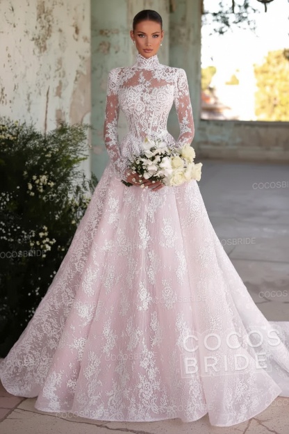 Long Sleeve High Neck A-Line Tulle Wedding Dress with Lace Applique