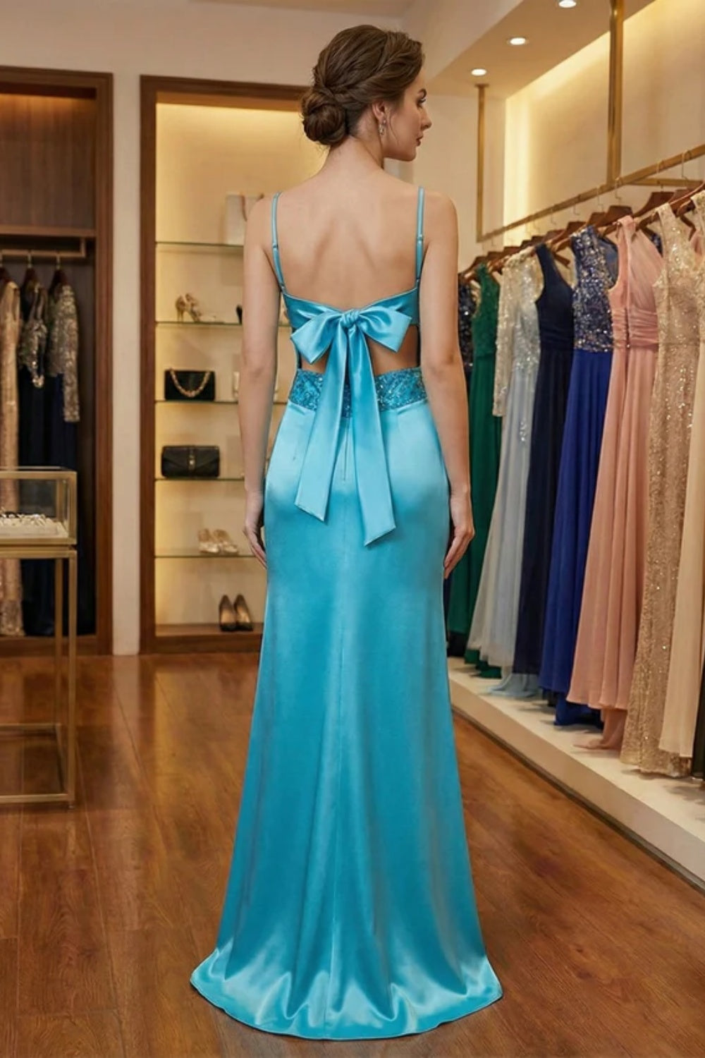 Cocosbride Blue V-neck Satin Sheath Prom Dress with Beadings