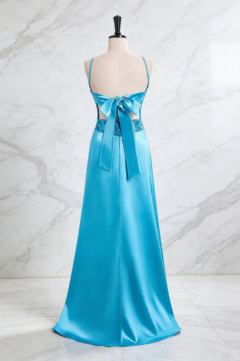 Cocosbride Blue V-neck Satin Sheath Prom Dress with Beadings