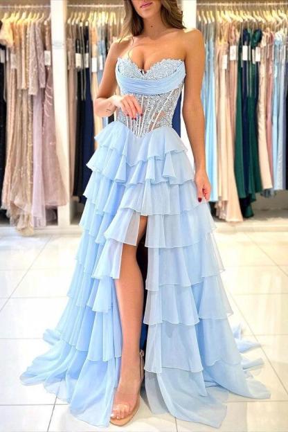 Cocosbride Blue Sweetheart A-line Prom Dress with Ruffles and High-split