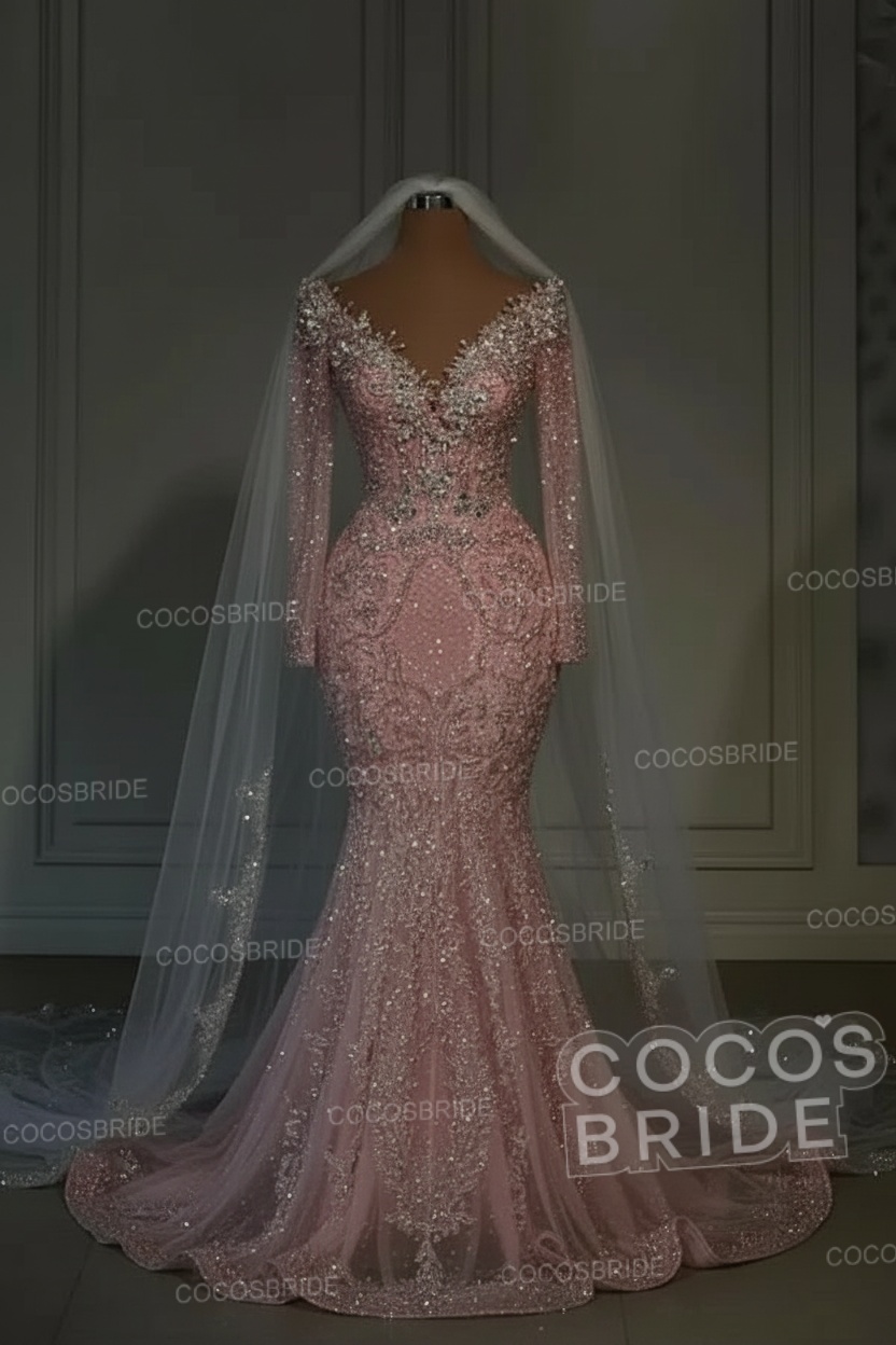 Luxury Long Mermaid Sweetheart Sequined Wedding Dresses with Sleeves
