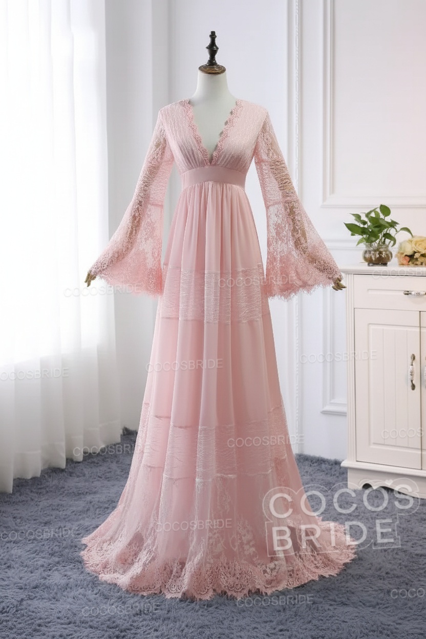 Elegant Long Sleeves A-line V-Neck Tulle Wedding Dresses