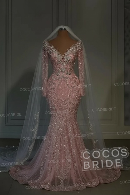 Luxury Long Mermaid Sweetheart Sequined Wedding Dresses with Sleeves