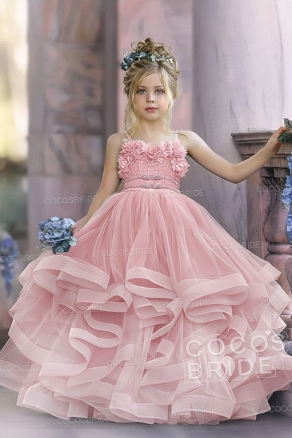 Cute Dusty Blue Long Spaghetti Straps Strapless Tulle Princess Flower Girl Dresses