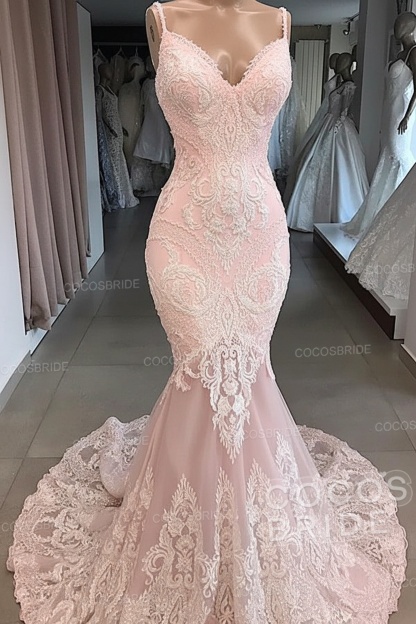 Elegant Long Sweetheart Open Back Appliques Lace Tulle Mermaid Wedding Dress
