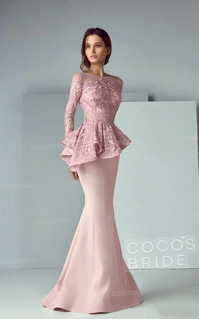 Modest Long Mermaid Lace Satin Formal Prom Dresses with Sleeves