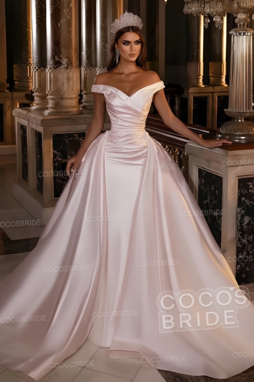Gorgeous Long Mermaid Off the Shoulder Satin Wedding Dress