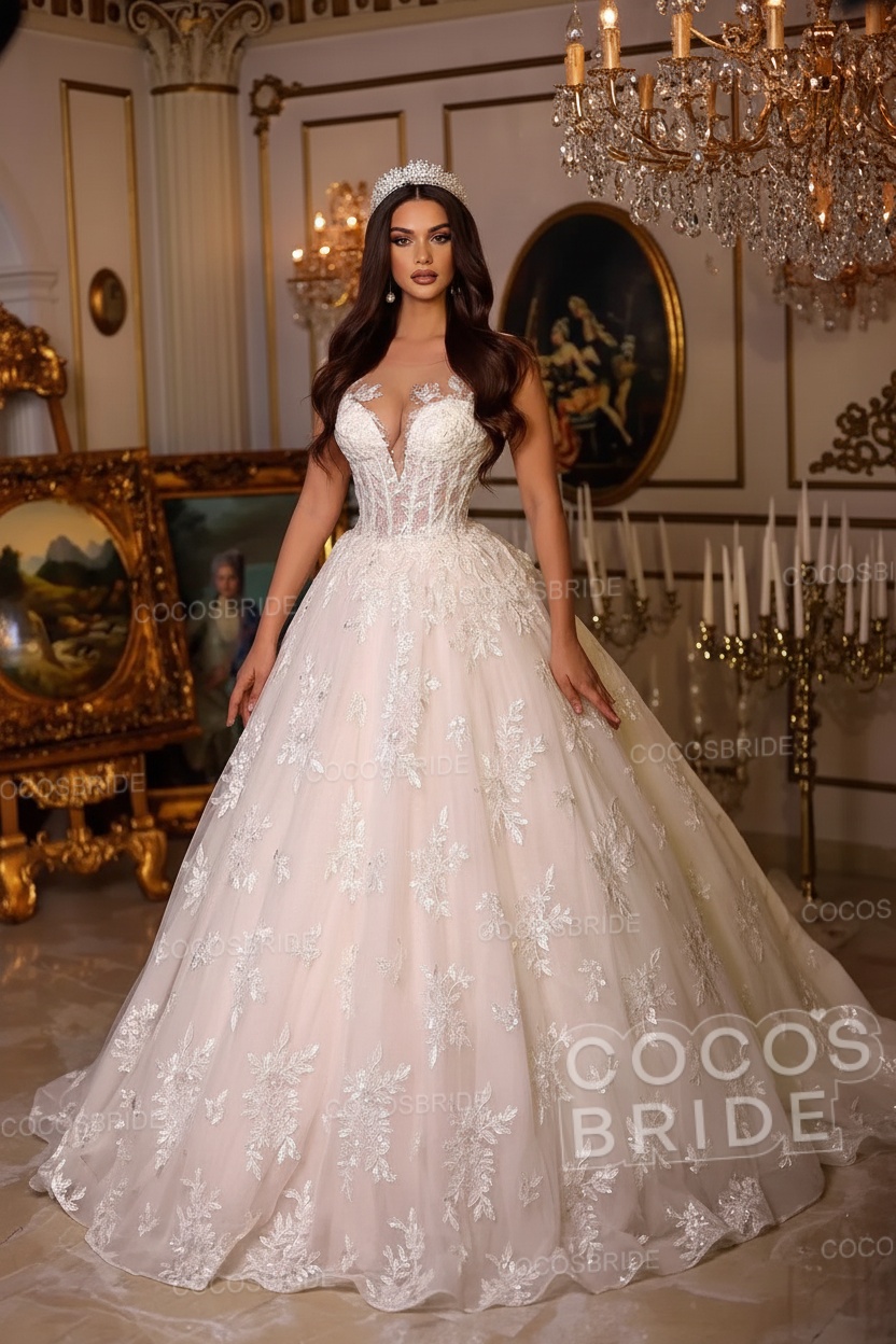 Long A-line Sweetheart Tulle Lace Open Back Wedding Dresses