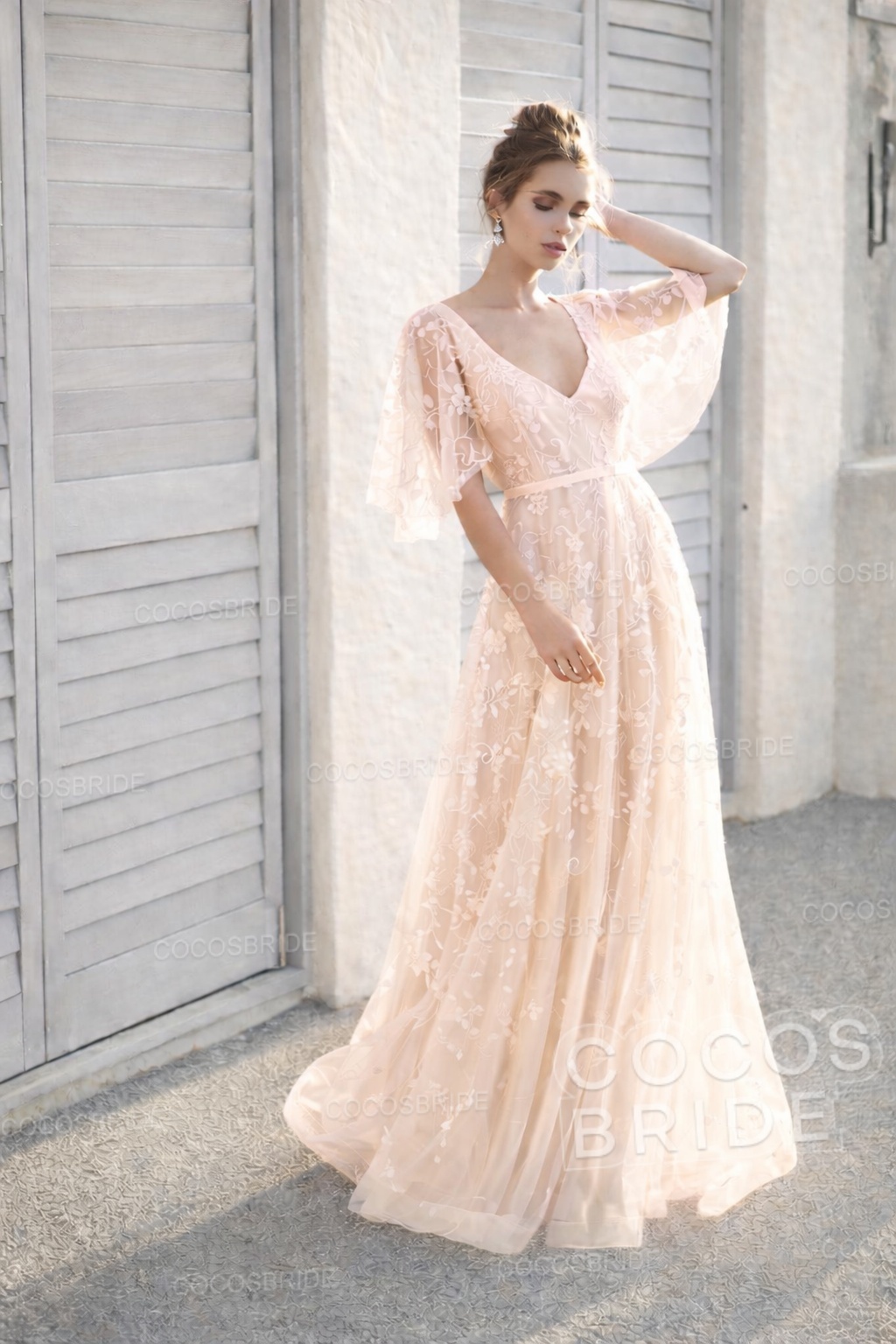 Long A-line V Neck Half Sleeves Lace Backless Boho Wedding Dresses