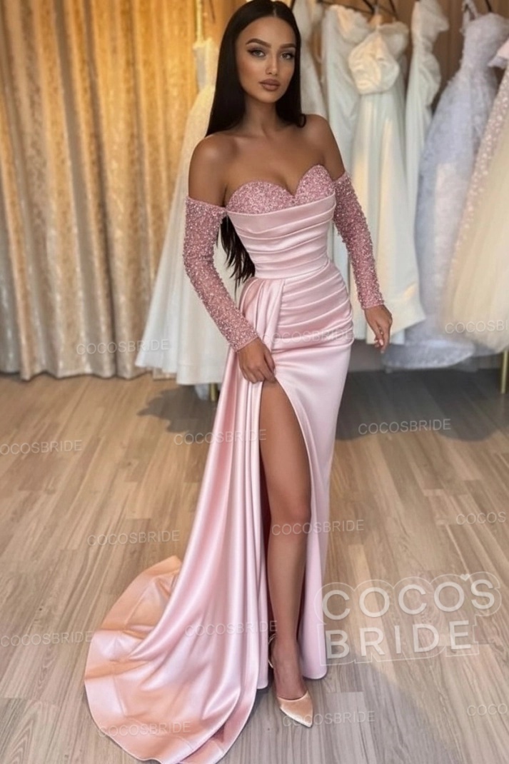 Long Mermaid Off the Shoulder Satin Front Slit Prom Dresses with Sleeves