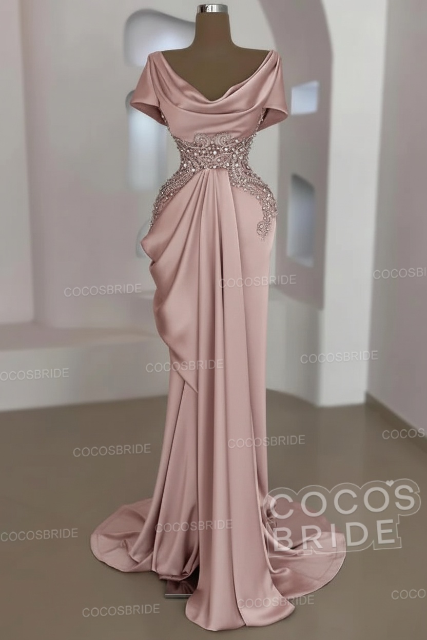 Mermaid Cowl Neck Satin Long Prom Dresses with Short Sleeves