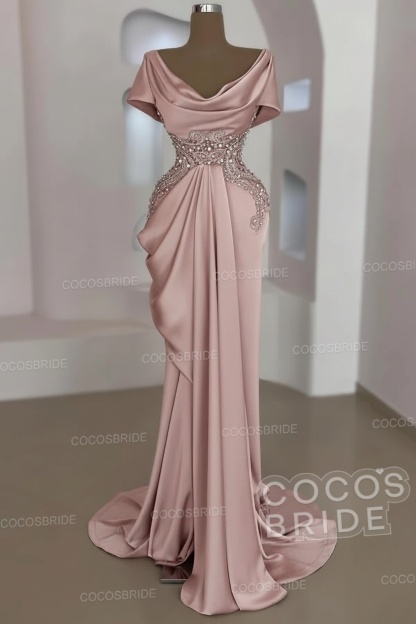 Mermaid Cowl Neck Satin Long Prom Dresses with Short Sleeves