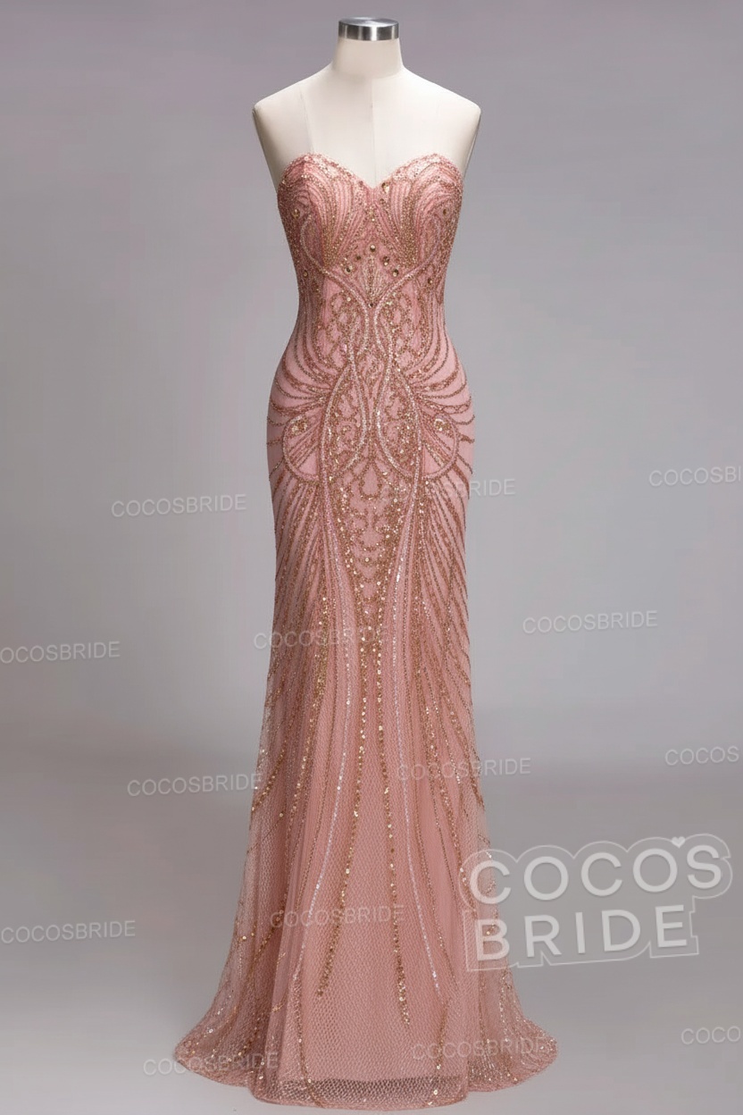 Mermaid Strapless Sweetheart Long Sequined Formal Evening Dresses with Beads