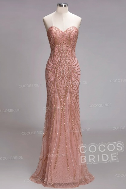 Mermaid Strapless Sweetheart Long Sequined Formal Evening Dresses with Beads