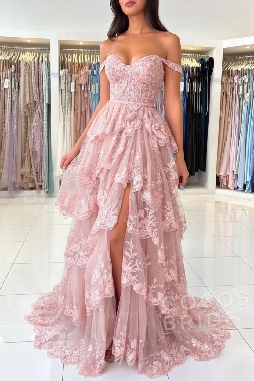 Off The Shoulder Sweetheart Lace A-Line Long Prom Dress with Slit