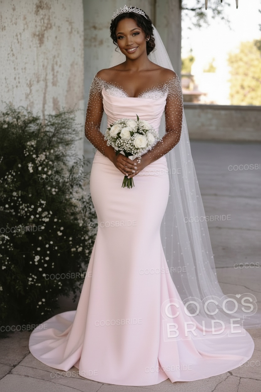 Off-the-Shoulder Long Mermaid Wedding Dresses with Beaded