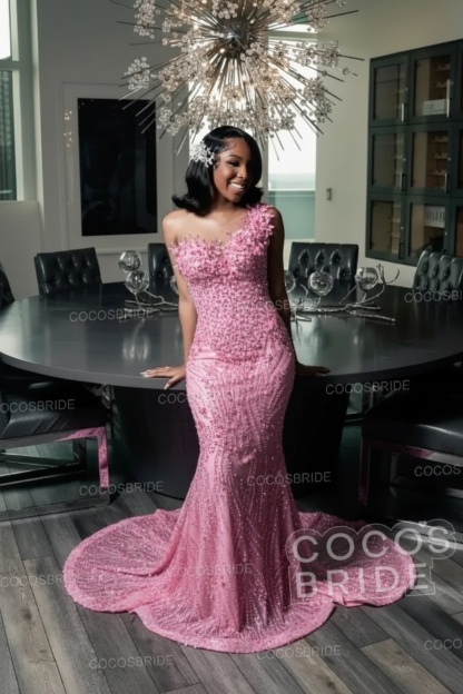 One Shoulder Sleeveless Mermaid Prom Dress with Beaded