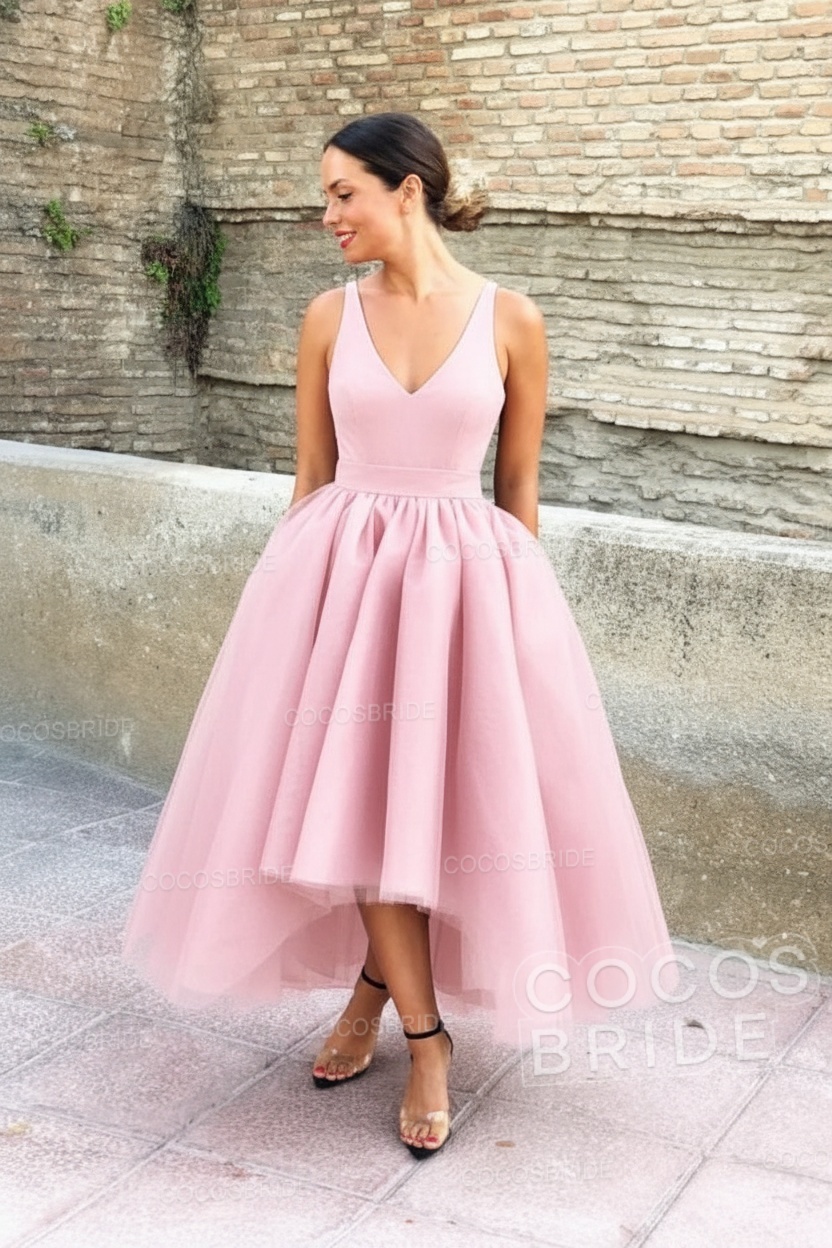 Simple Black V-neck Sleeveless Asymmetrical A-Line Prom Dresses