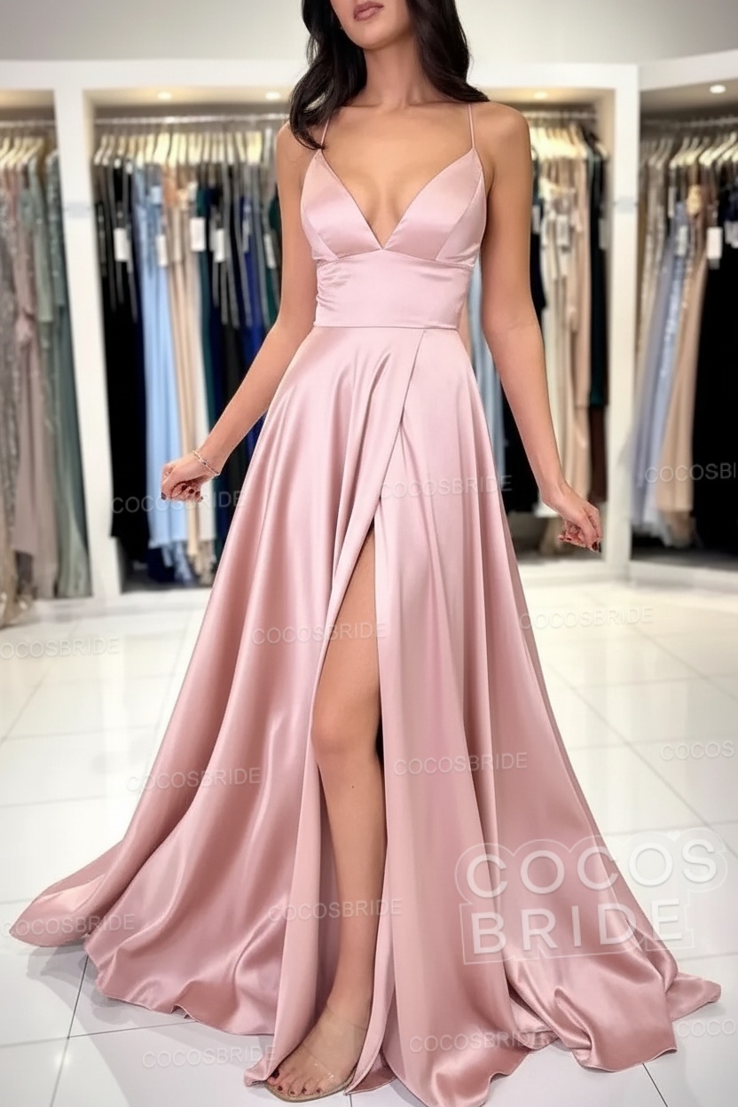 Simple Long A-line V-neck Satin Backless Formal Prom Dresses with Slit