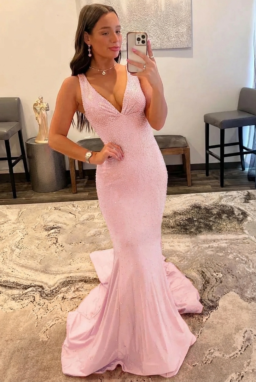 Orange Long Mermaid V neck Sequin Backless Prom Dress