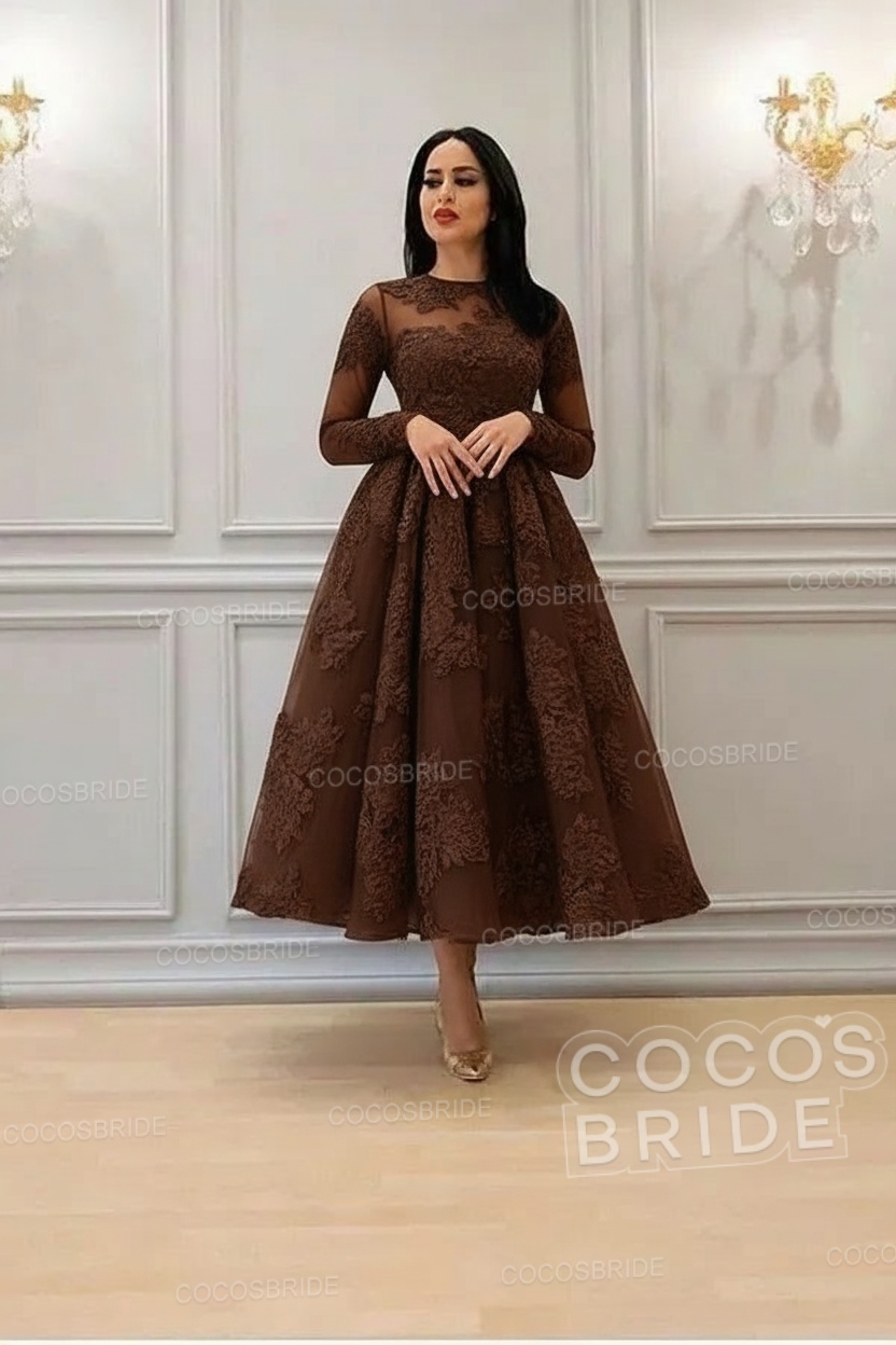 Elegant Short A-line High Neck Lace Ankle Length Formal Evening Dress with Sleeves