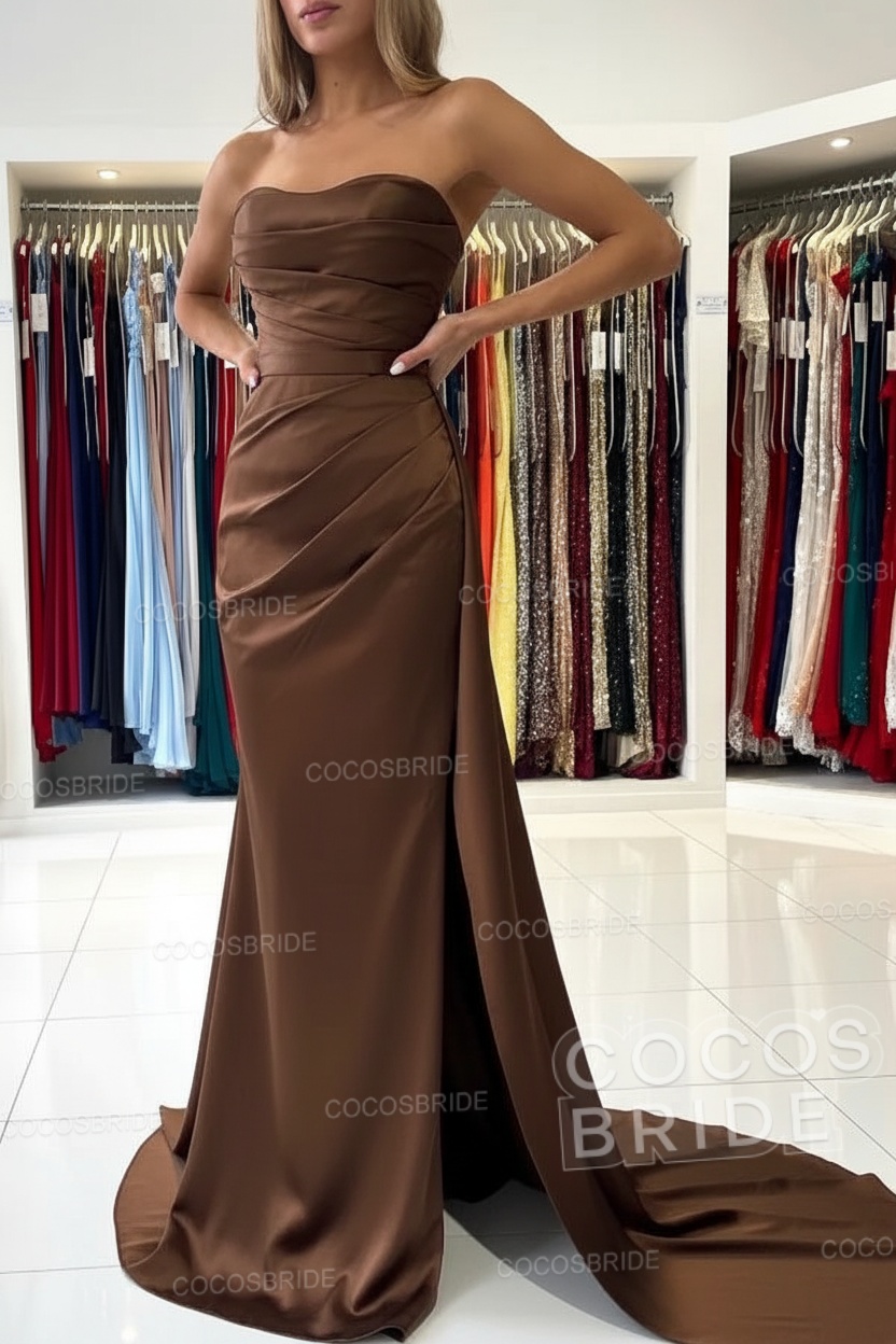 Long Mermaid Strapless Satin Prom Dress with Slit