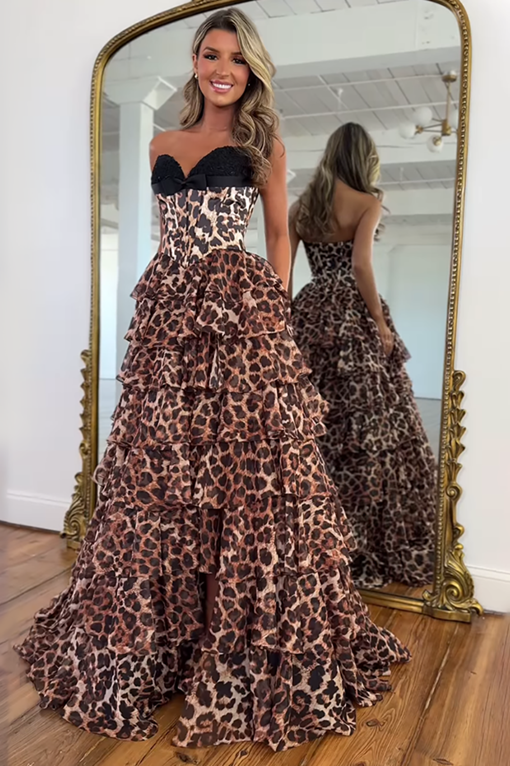 Long Brown Leopard Strapless Sweetheart A-Line Ruffled Prom Dress
