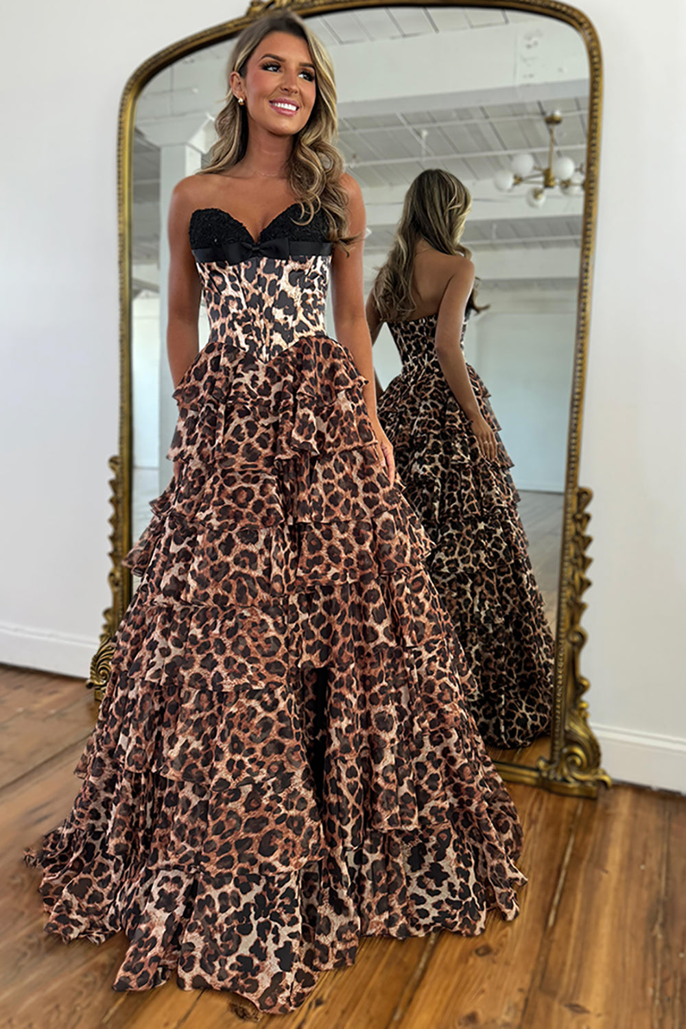 Long Brown Leopard Strapless Sweetheart A-Line Ruffled Prom Dress
