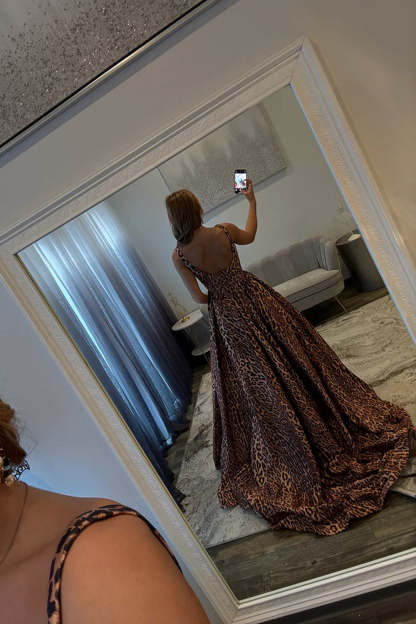 Long Spaghteei Straps Brown Leopard A-Line Prom Dress with Slit