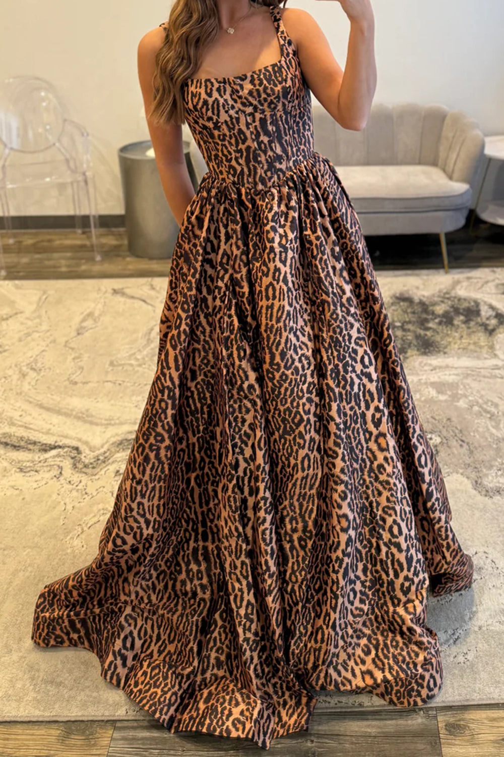 Long Spaghteei Straps Brown Leopard A-Line Prom Dress with Slit