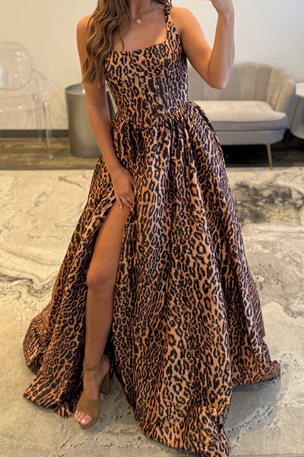 Long Spaghteei Straps Brown Leopard A-Line Prom Dress with Slit