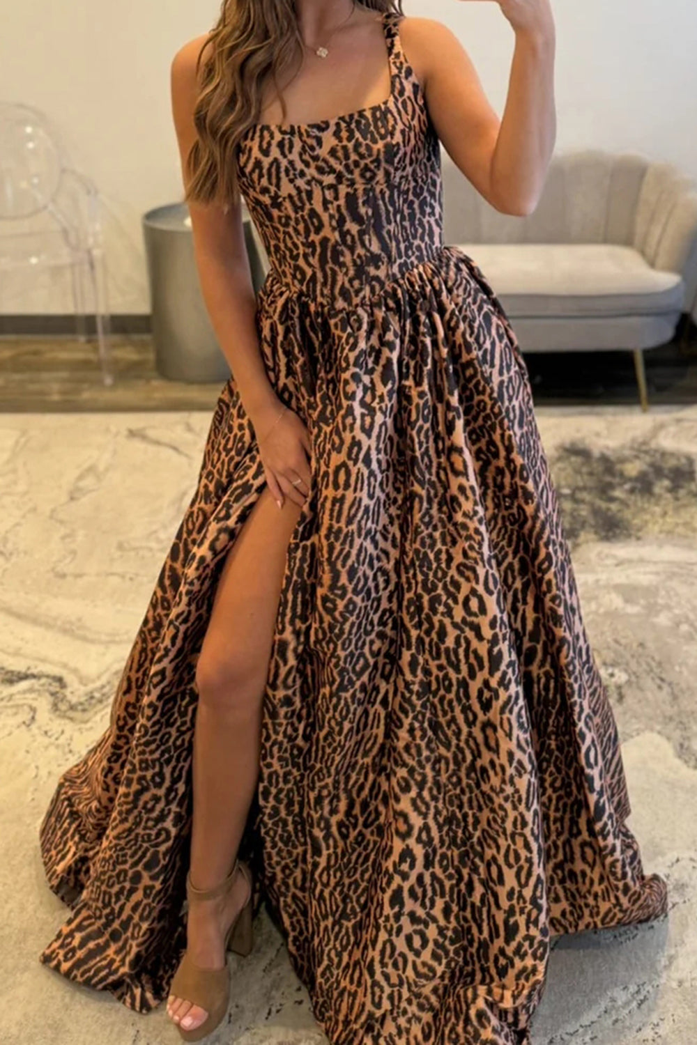 Long Spaghteei Straps Brown Leopard A-Line Prom Dress with Slit