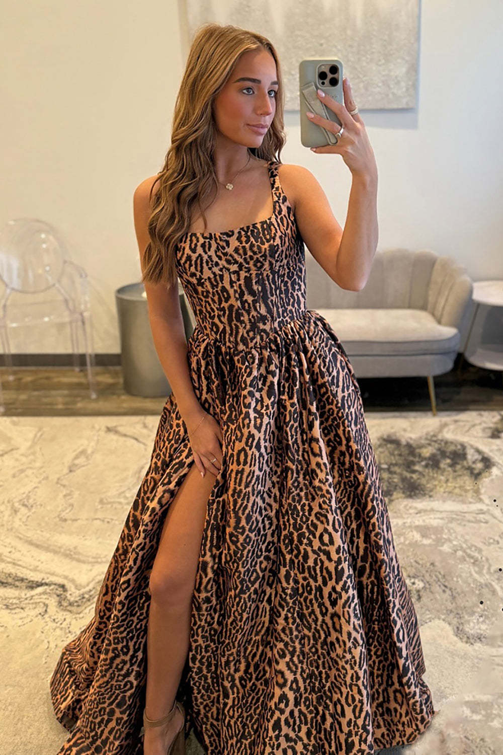 Brown Leopard Print A-Line Prom Dress with Slit - Spaghetti Strap Gown - Cocosbride