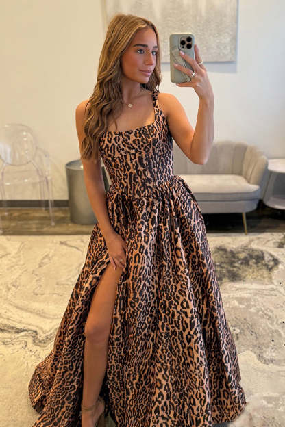 Long Spaghteei Straps Brown Leopard A-Line Prom Dress with Slit