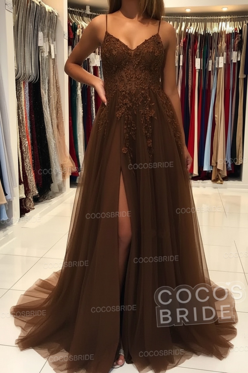 Long A-line V-neck Spaghetti Straps Open Back Prom Dress with Slit