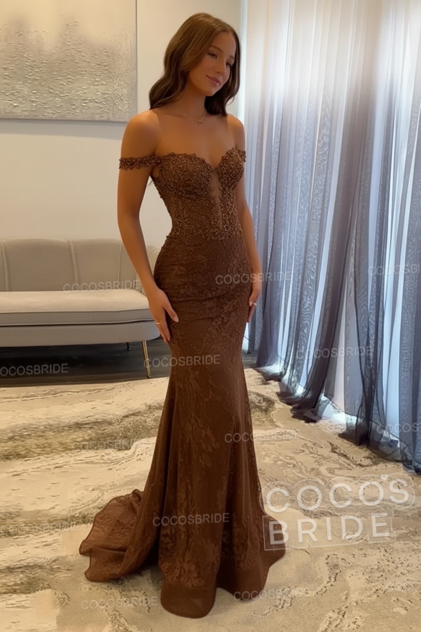 Dark Navy Long Mermaid Off the Shoulder Lace Prom Dress