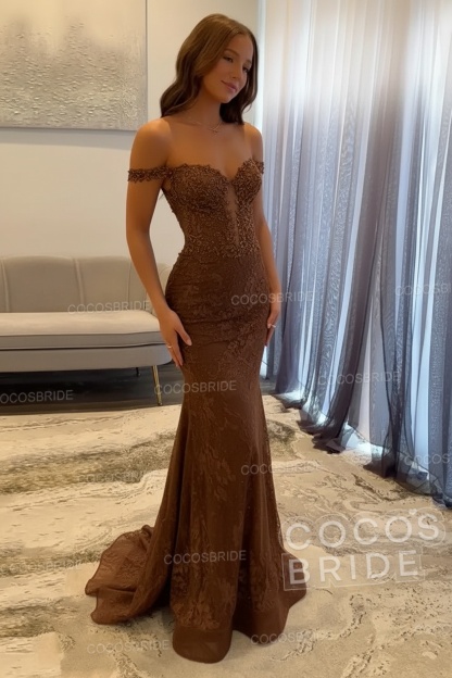 Dark Navy Long Mermaid Off the Shoulder Lace Prom Dress