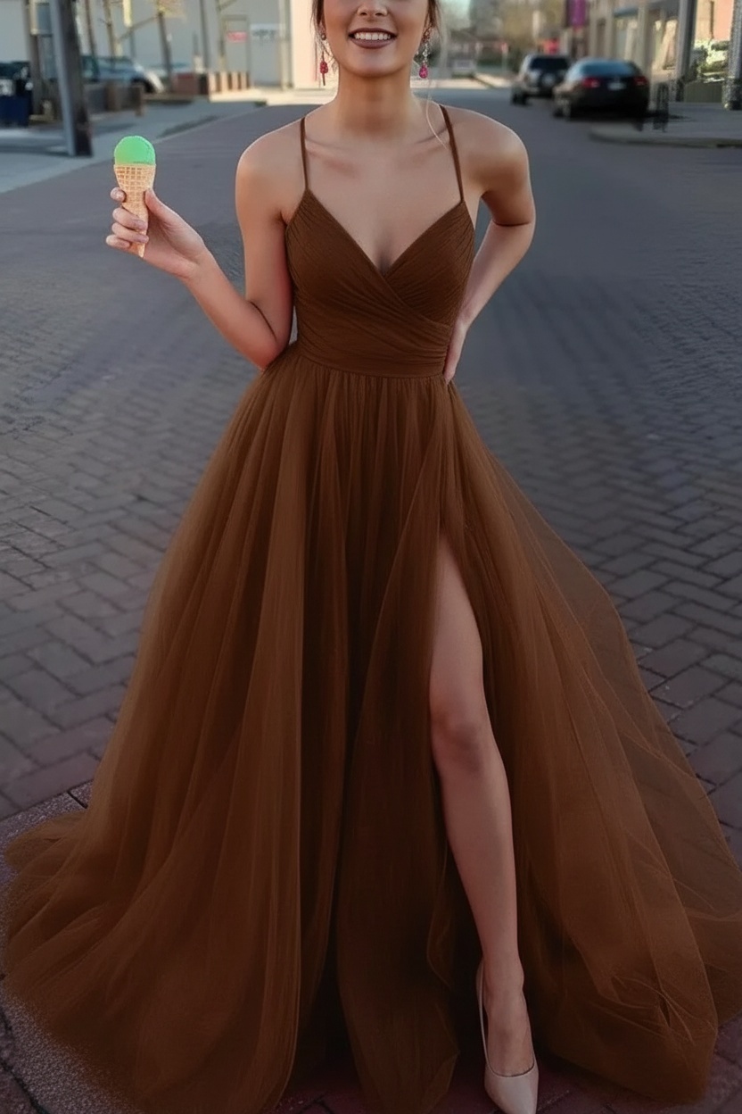 Long Spaghetti Straps V-neck A-Line Tulle Prom Dress With Side Slit