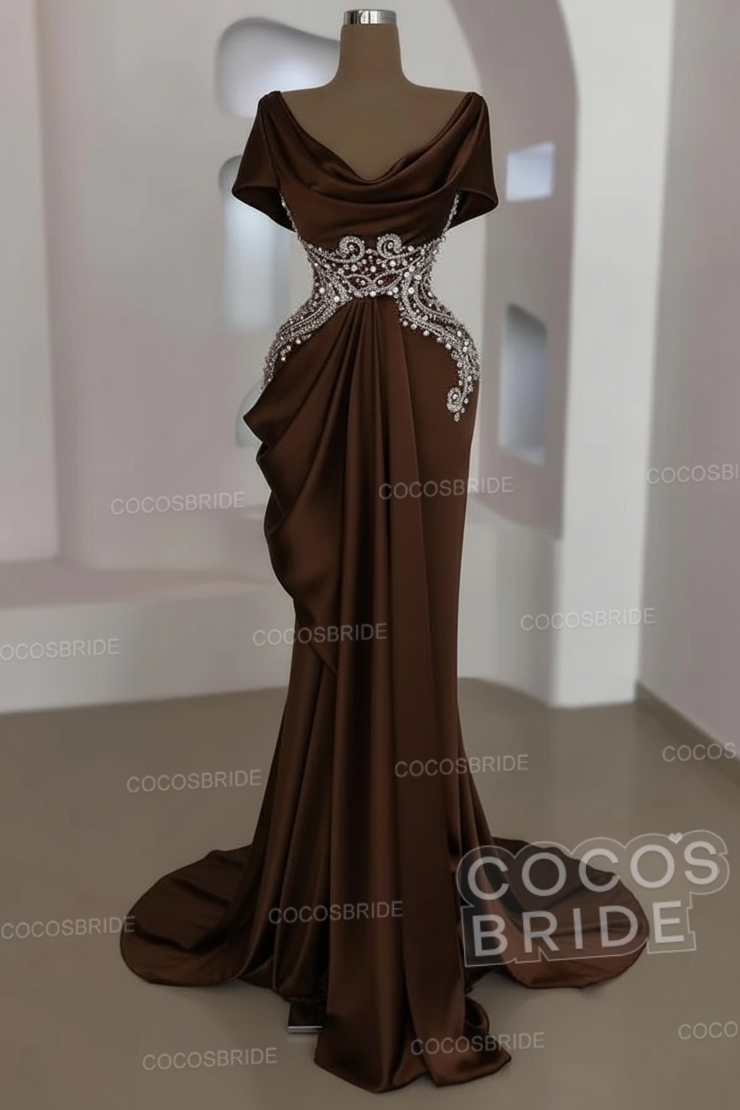 Mermaid Cowl Neck Satin Long Prom Dresses with Short Sleeves